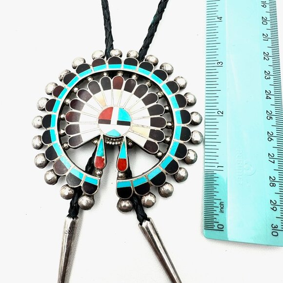 Rare Native American Zuni Cellicion Sterling Turquoise Large Sunface Bolo Tie - Picture 7 of 9
